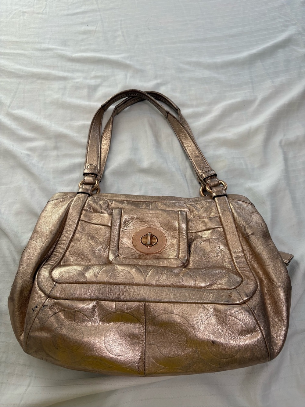 Coach Metallic Bronze Shoulder Bag with Turn-Lock Detail